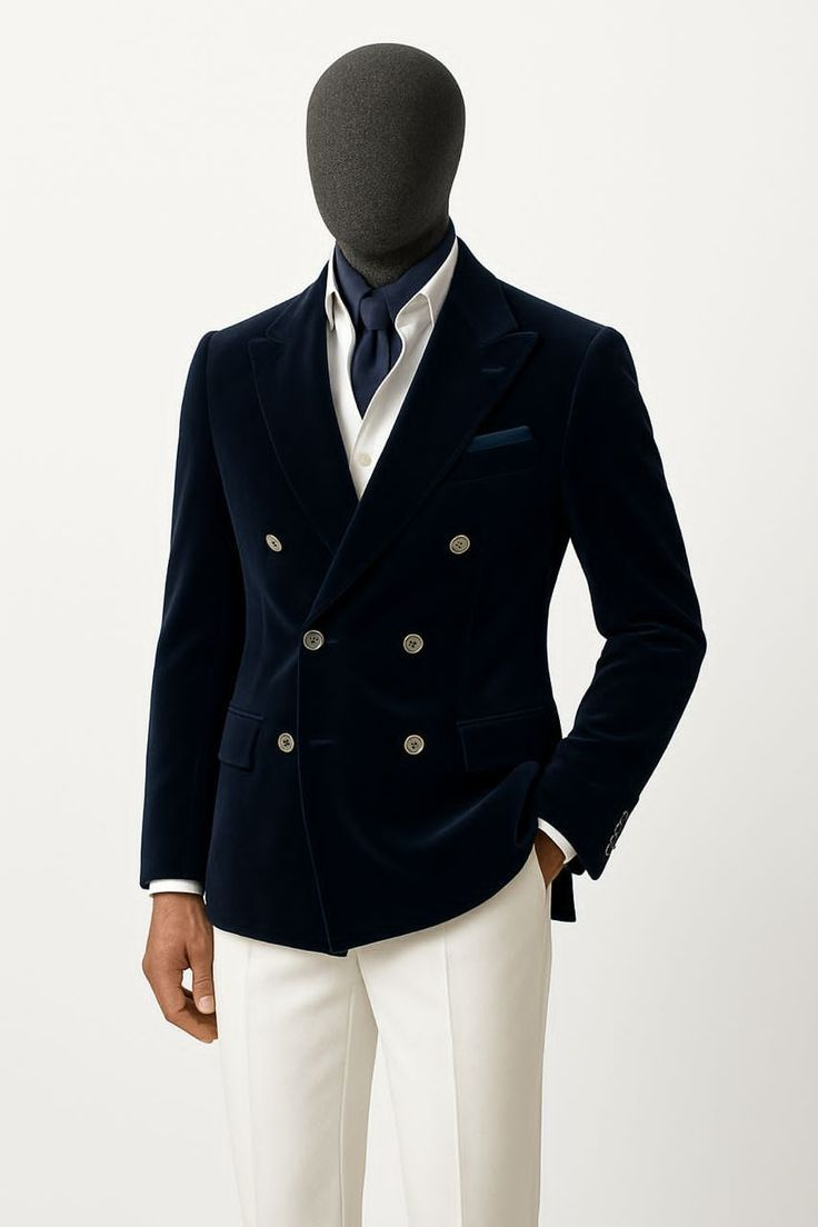 Navy Velvet Double-Breasted Jacket